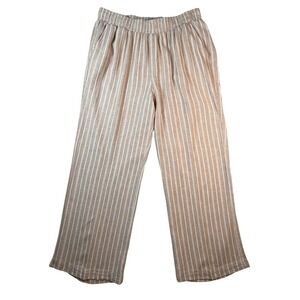 Briggs Women's Linen Blend Wide Leg Pants Large Tan White Stripe Pull On Pockets